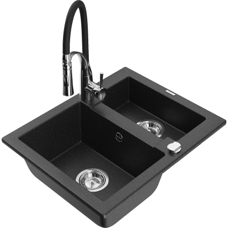 Mexen Carlos Granitspüle 1,5-beckig mit Küchenarmatur Aster, schwarz/silber metallic - 6518-73-73450-07