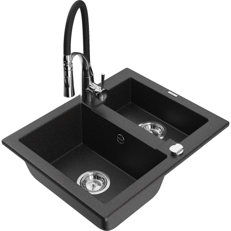 Mexen Carlos Granitspüle 1,5-Kammer mit Küchenarmatur Aster, schwarz/silberner Metallic - 6518-73-73450-07