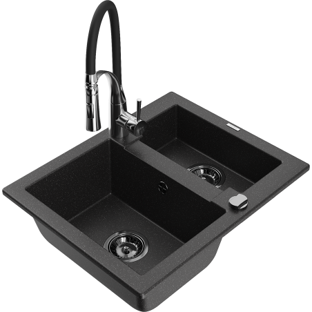 Mexen Carlos Granitspüle 1,5-beckig mit Küchenarmatur Aster, schwarz/silber metallic - 6518-73-73450-07-B