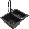 Mexen Carlos Granitspüle 1,5-beckig mit Küchenarmatur Aster, schwarz/silber metallic - 6518-73-73450-07-B