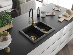 Mexen Carlos Granitspüle 1,5-Becken mit Küchenarmatur Aster, schwarz/silber metallic - 6518-73-73450-57-G