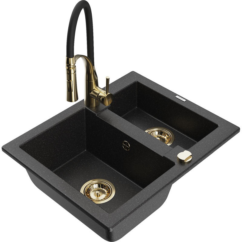 Mexen Carlos Granitspüle 1,5-Becken mit Küchenarmatur Aster, schwarz/silber metallic - 6518-73-73450-57-G
