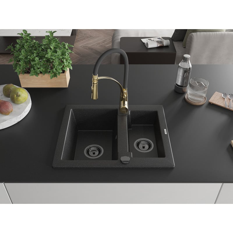 Mexen Carlos Granitspüle 1,5-becken mit Küchenarmatur Aster, schwarz/silber metallic - 6518-73-73450-57-B
