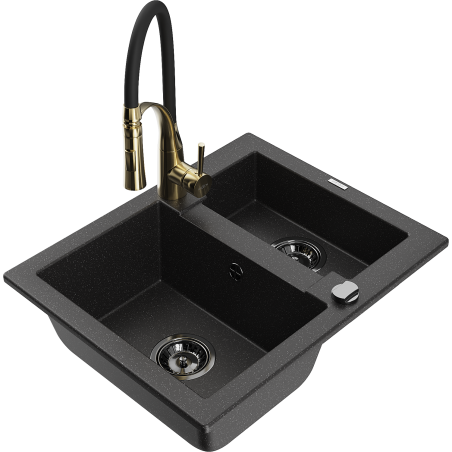 Mexen Carlos Granitspüle 1,5-becken mit Küchenarmatur Aster, schwarz/silber metallic - 6518-73-73450-57-B