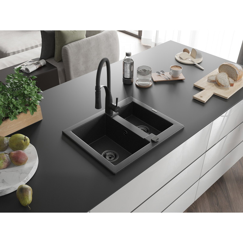 Mexen Carlos Granitspüle 1,5-Becken mit Küchenarmatur Aster, schwarz/silber metallic - 6518-73-73450-70-B