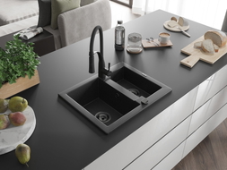 Mexen Carlos Granitspüle 1,5-Becken mit Küchenarmatur Aster, schwarz/silber metallic - 6518-73-73450-70-B
