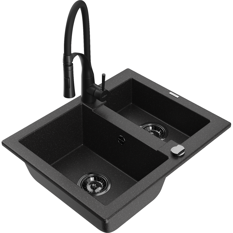 Mexen Carlos Granitspüle 1,5-Becken mit Küchenarmatur Aster, schwarz/silber metallic - 6518-73-73450-70-B