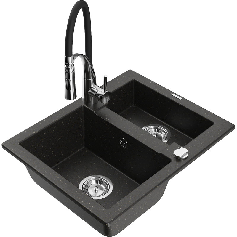 Mexen Carlos Granitspüle 1,5-Becken mit Küchenarmatur Aster, schwarz/gold metallic - 6518-75-73450-07