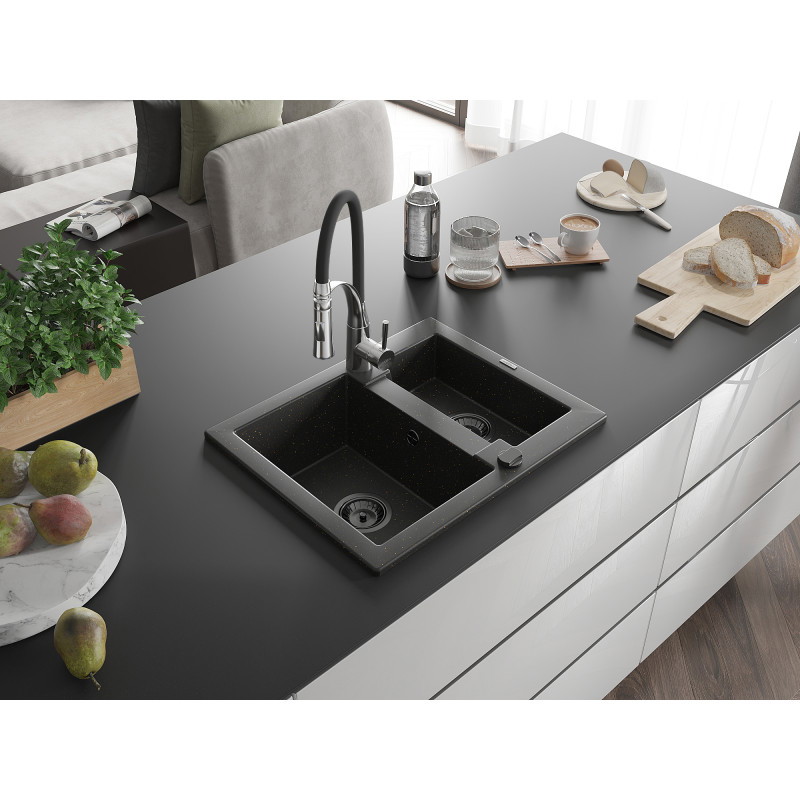 Mexen Carlos Granitspüle 1,5-Kammer mit Küchenarmatur Aster, schwarz/gold metallic - 6518-75-73450-07-B