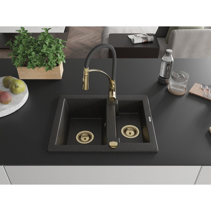 Mexen Carlos Granitspüle 1,5-Becken mit Küchenarmatur Aster, schwarz/gold metallic - 6518-75-73450-57-G