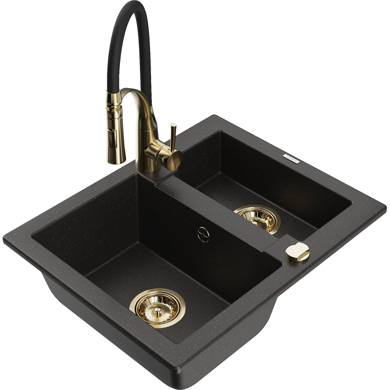 Mexen Carlos Granitspüle 1,5-Becken mit Küchenarmatur Aster, schwarz/gold metallic - 6518-75-73450-57-G