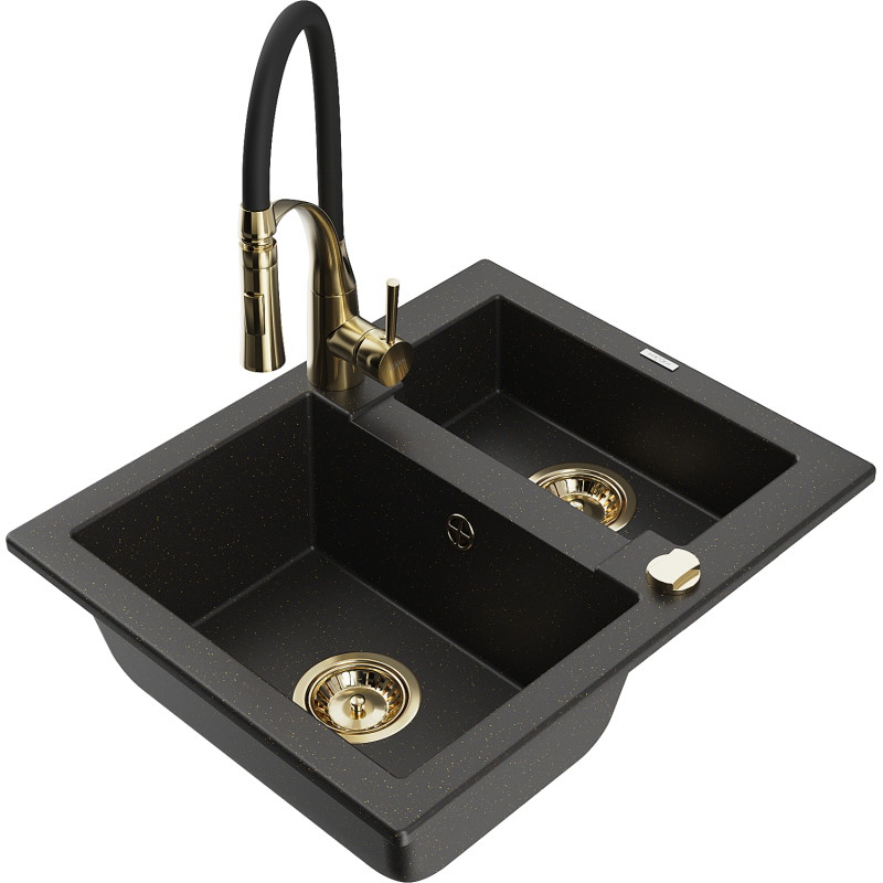 Mexen Carlos Granitspüle 1,5-beckig mit Küchenarmatur Aster, schwarz/gold metallisch - 6518-75-73450-57-G