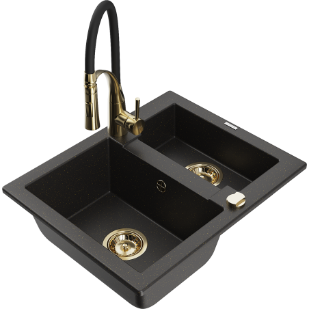 Mexen Carlos Granitspüle 1,5-Becken mit Küchenarmatur Aster, schwarz/gold metallic - 6518-75-73450-57-G
