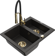 Mexen Carlos Granitspüle 1,5-Becken mit Küchenarmatur Aster, schwarz/gold metallic - 6518-75-73450-57-G