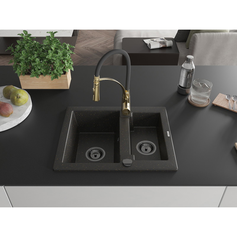 Mexen Carlos Granitspüle 1,5-Kammer mit Küchenarmatur Aster, schwarz/golden metallic - 6518-75-73450-57-B