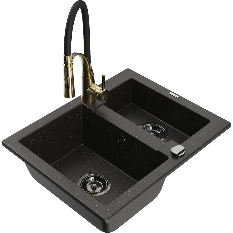 Mexen Carlos Granitspüle 1,5-Becken mit Küchenarmatur Aster, schwarz/gold metallic - 6518-75-73450-57-B