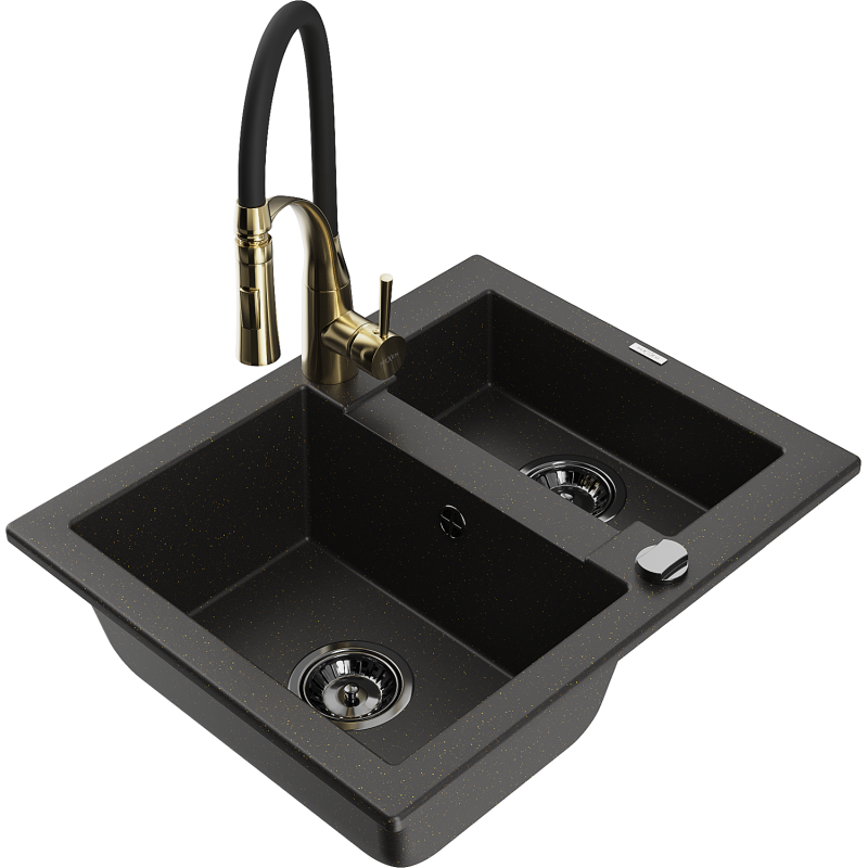 Mexen Carlos Granitspüle 1,5-Kammer mit Küchenarmatur Aster, schwarz/golden metallic - 6518-75-73450-57-B