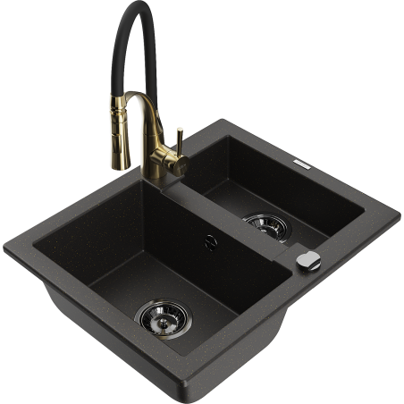 Mexen Carlos Granitspüle 1,5-Kammer mit Küchenarmatur Aster, schwarz/gold metallic - 6518-75-73450-57-B