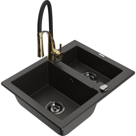 Mexen Carlos Granitspüle 1,5-Kammer mit Küchenarmatur Aster, schwarz/golden metallic - 6518-75-73450-57-B