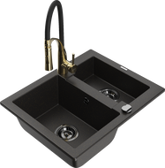 Mexen Carlos Granitspüle 1,5-Kammer mit Küchenarmatur Aster, schwarz/golden metallic - 6518-75-73450-57-B