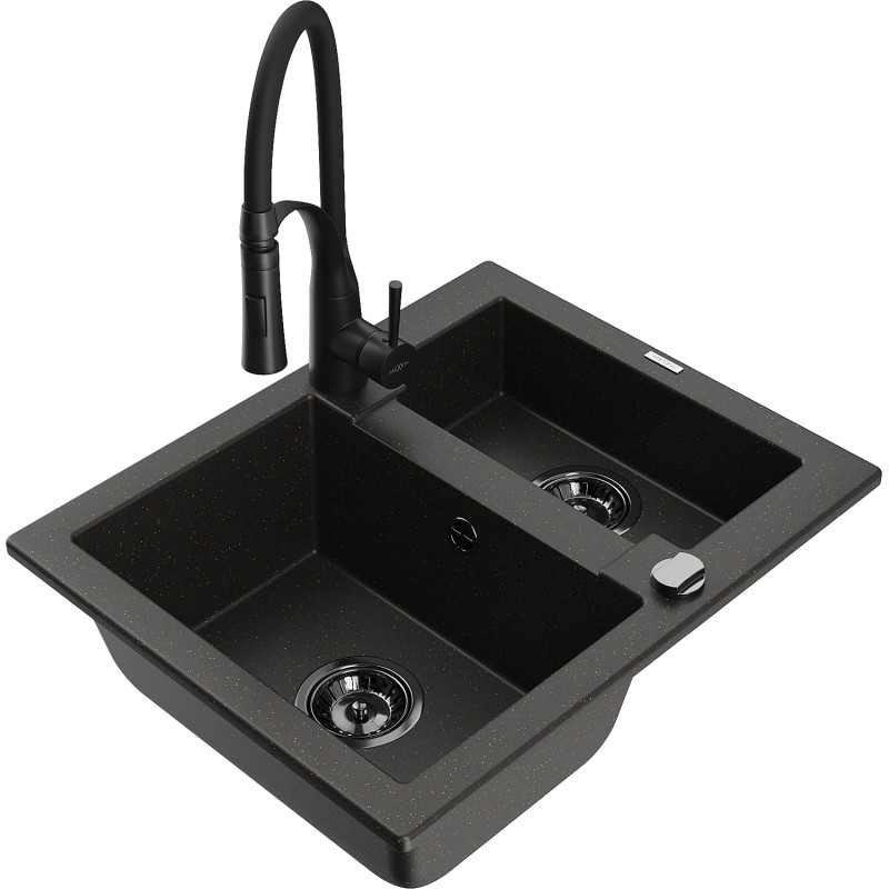 Mexen Carlos Granitspüle 1,5-fach mit Küchenarmatur Aster, schwarz/gold metallic - 6518-75-73450-70-B