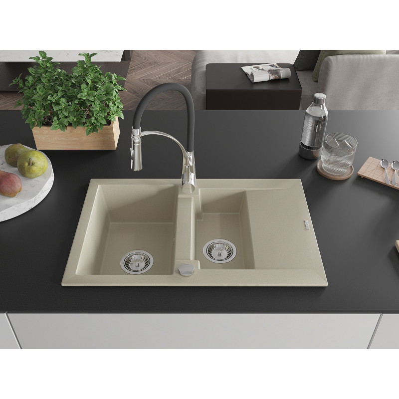 Mexen Gaspar 1,5-Komponenten-Spülbecken aus Granit mit Abtropffläche und Küchenarmatur Aster, beige - 6507-69-73450-07