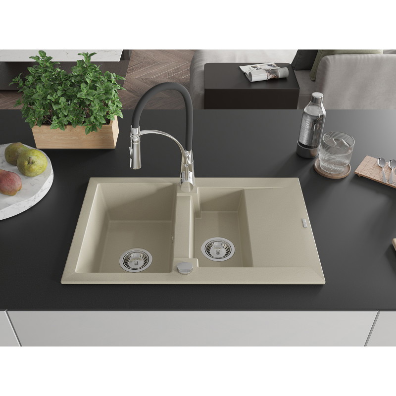 Mexen Gaspar Granitspüle 1,5-becken mit Abtropffläche und Küchenarmatur Aster, Beige - 6507-69-73450-07