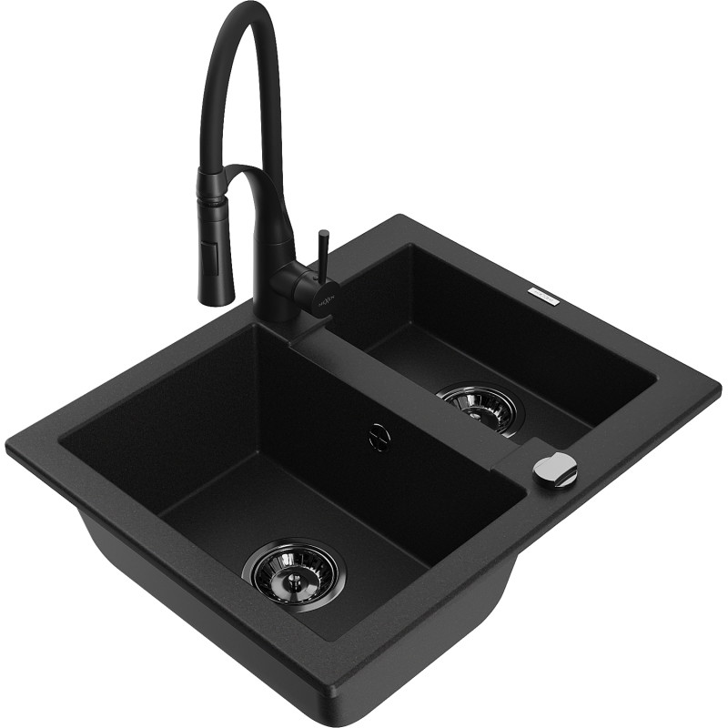 Mexen Carlos Granitspüle 1,5-Becken mit Küchenarmatur Aster, schwarz - 6518-77-73450-70-B