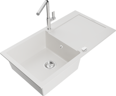 Mexen Leo Granitspüle 1-Becken mit Abtropffläche und Küchenarmatur Flora, weiß - 6501-20-670401-00