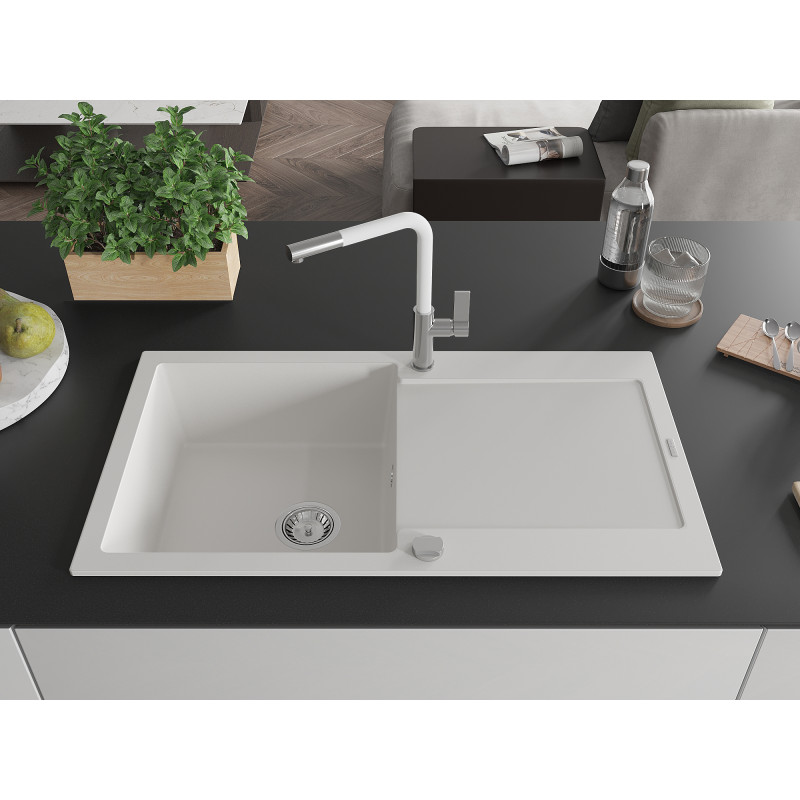 Mexen Leo Granitspüle 1-Becken mit Abtropffläche und Küchenarmatur Flora, weiß - 6501-20-670401-02