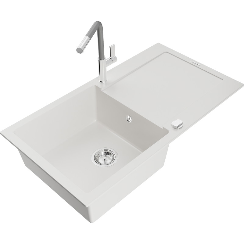 Mexen Leo Granitspüle 1-Becken mit Abtropffläche und Küchenarmatur Flora, weiß - 6501-20-670401-06