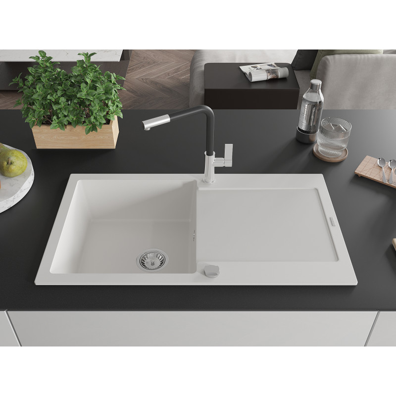 Mexen Leo Granitspüle 1-Becken mit Abtropffläche und Küchenarmatur Flora, weiß - 6501-20-670401-07