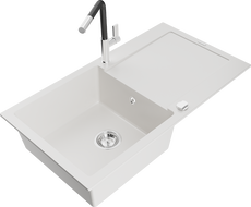 Mexen Leo Granitspüle 1-Becken mit Abtropffläche und Küchenarmatur Flora, weiß - 6501-20-670401-07