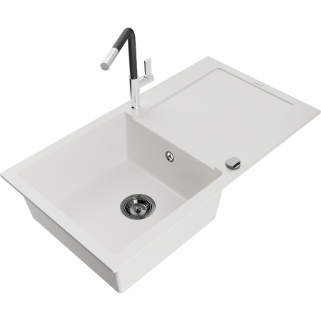 Mexen Leo Granitspüle 1-Becken mit Abtropffläche und Küchenarmatur Flora, weiß - 6501-20-670401-07-B