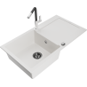 Mexen Leo Granitspüle 1-Becken mit Abtropffläche und Küchenarmatur Flora, weiß - 6501-20-670401-07-B