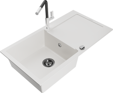 Mexen Leo Granitspüle 1-Becken mit Abtropffläche und Küchenarmatur Flora, weiß - 6501-20-670401-07-B
