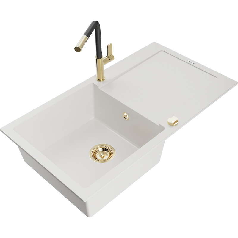 Mexen Leo Granitspüle 1-Becken mit Abtropffläche und Küchenarmatur Flora, weiß - 6501-20-670401-57-G