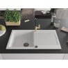 Mexen Leo Granitspüle 1-Becken mit Abtropffläche und Küchenarmatur Flora, weiß - 6501-20-670401-57-B