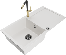 Mexen Leo Granitspüle 1-Becken mit Abtropffläche und Küchenarmatur Flora, weiß - 6501-20-670401-57-B