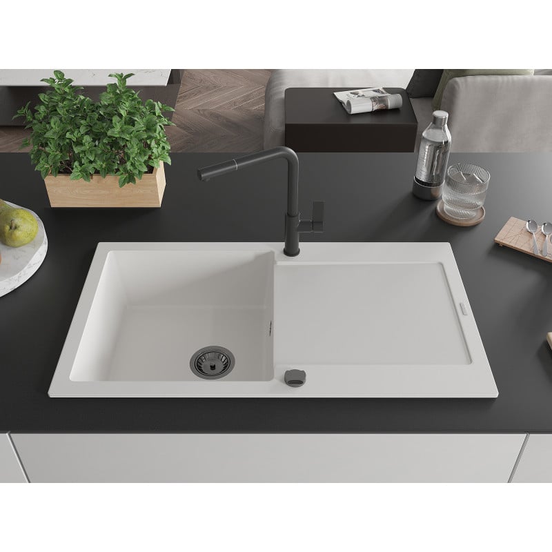 Mexen Leo Granitspüle 1-Becken mit Abtropffläche und Küchenarmatur Flora, weiß - 6501-20-670401-70-B