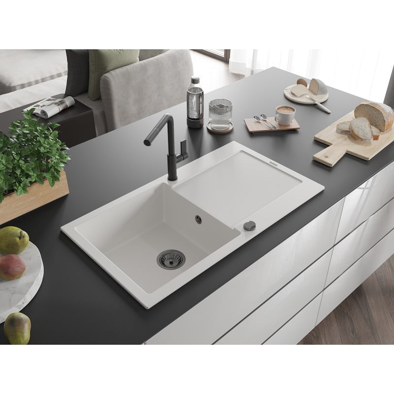 Mexen Leo Granitspüle 1-Becken mit Abtropffläche und Küchenarmatur Flora, weiß - 6501-20-670401-70-B