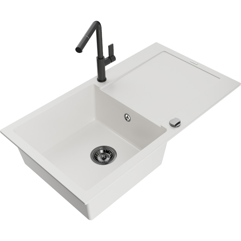 Mexen Leo 1-Kammer-Granitatrog mit Abtropffläche und Küchenarmatur Flora, weiß - 6501-20-670401-70-B