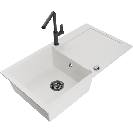 Mexen Leo 1-Kammer-Granitatrog mit Abtropffläche und Küchenarmatur Flora, weiß - 6501-20-670401-70-B