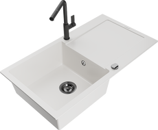 Mexen Leo Granitspüle 1-Becken mit Abtropffläche und Küchenarmatur Flora, weiß - 6501-20-670401-70-B
