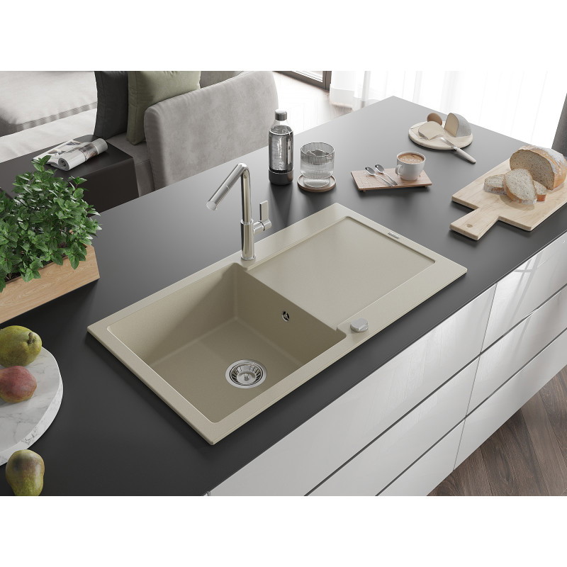 Mexen Leo Granitspüle 1-Becken mit Abtropffläche und Küchenarmatur Flora, beige - 6501-69-670401-00