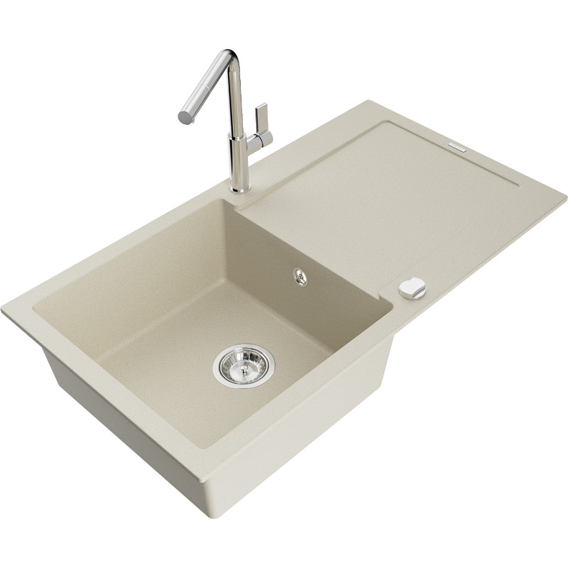 Mexen Leo Granitspüle 1-Kammer mit Abtropffläche und Küchenarmatur Flora, beige - 6501-69-670401-00