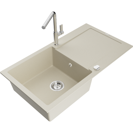 Mexen Leo Granitspüle 1-Becken mit Abtropffläche und Küchenarmatur Flora, beige - 6501-69-670401-00