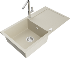 Mexen Leo Granitspüle 1-Becken mit Abtropffläche und Küchenarmatur Flora, beige - 6501-69-670401-00