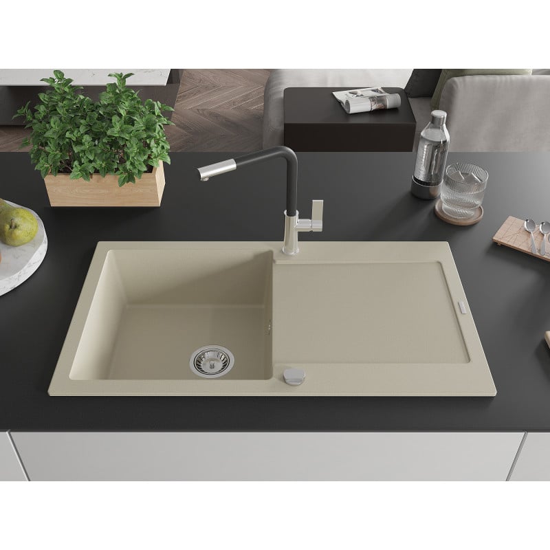 Mexen Leo Granitspüle, einteilig mit Abtropffläche und Küchenarmatur Flora, beige - 6501-69-670401-07