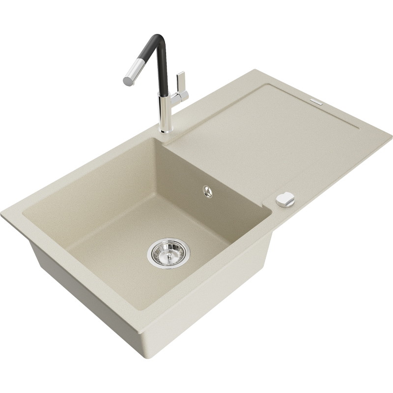 Mexen Leo granitspüle einbeckig mit abtropffläche und küchenarmatur Flora, beige - 6501-69-670401-07